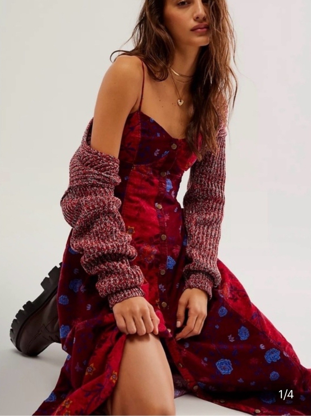 Free People Red Floral Button-Front Midi Dress with Blue Accents